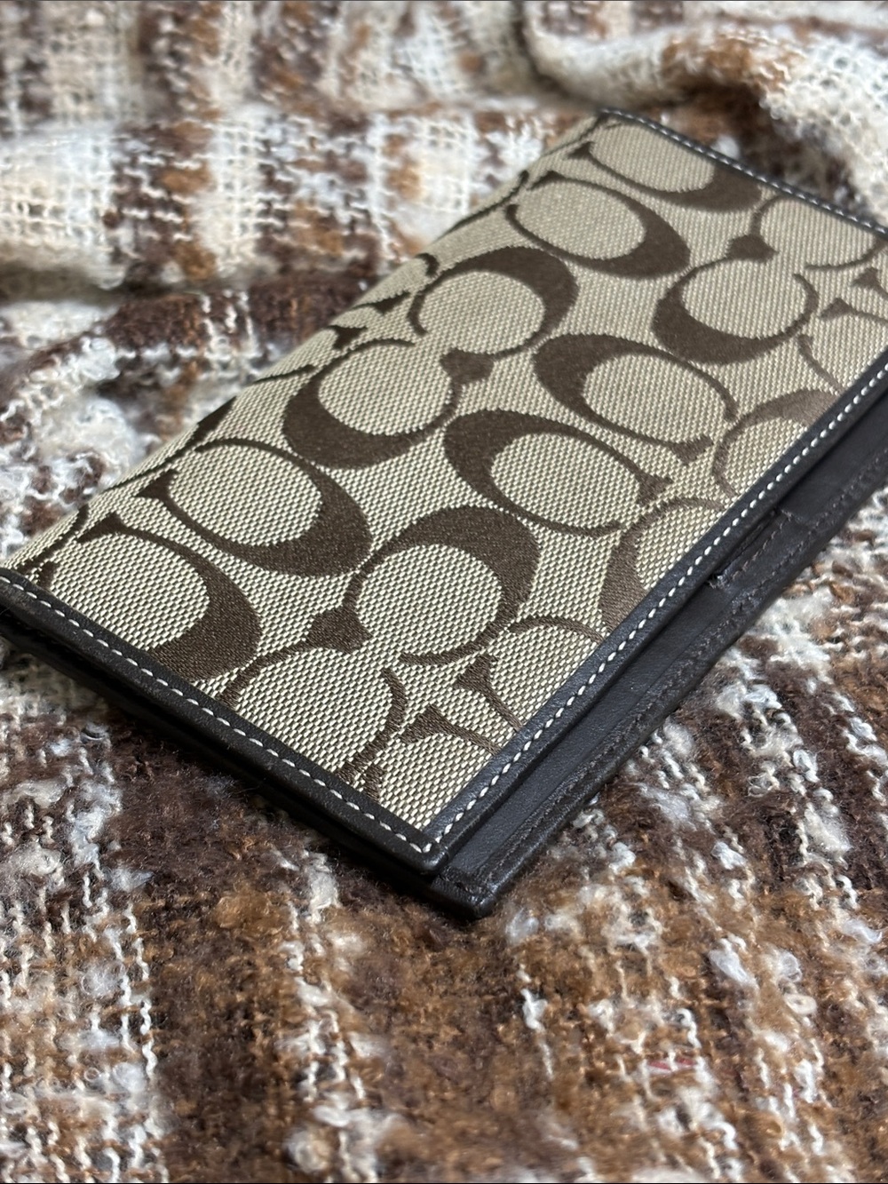 Coach Brown and Khaki Signature C Canvas Checkbook Wallet 6.75x3.75in - Picture 4 of 12